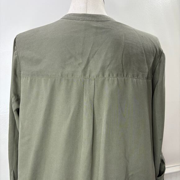 J Jill Plus Size 2X Top Button Up 100% Tencel Olive Green Roll Tab Sleeve V Neck - Picture 13 of 14